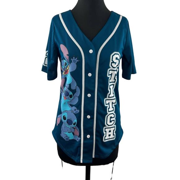 NEW Disney Blue Short Sleeve V-Neck Button Down Lilo Stitch Baseball Top Size M - Picture 2 of 8